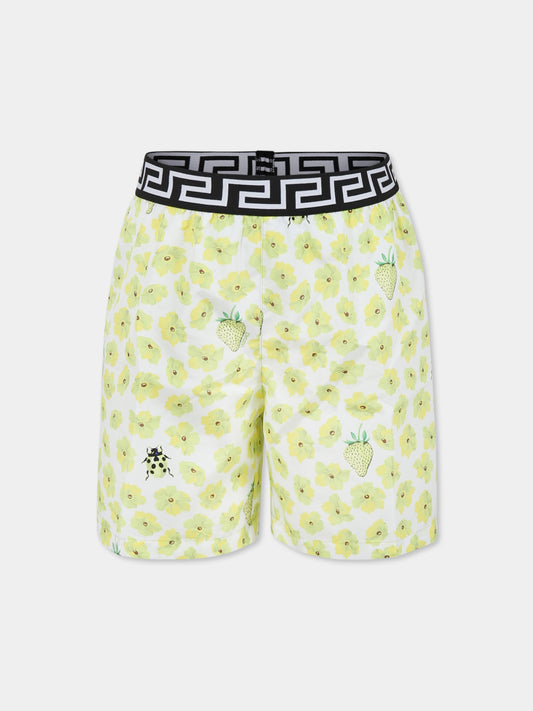 Yellow swim shorts for boy with floral print