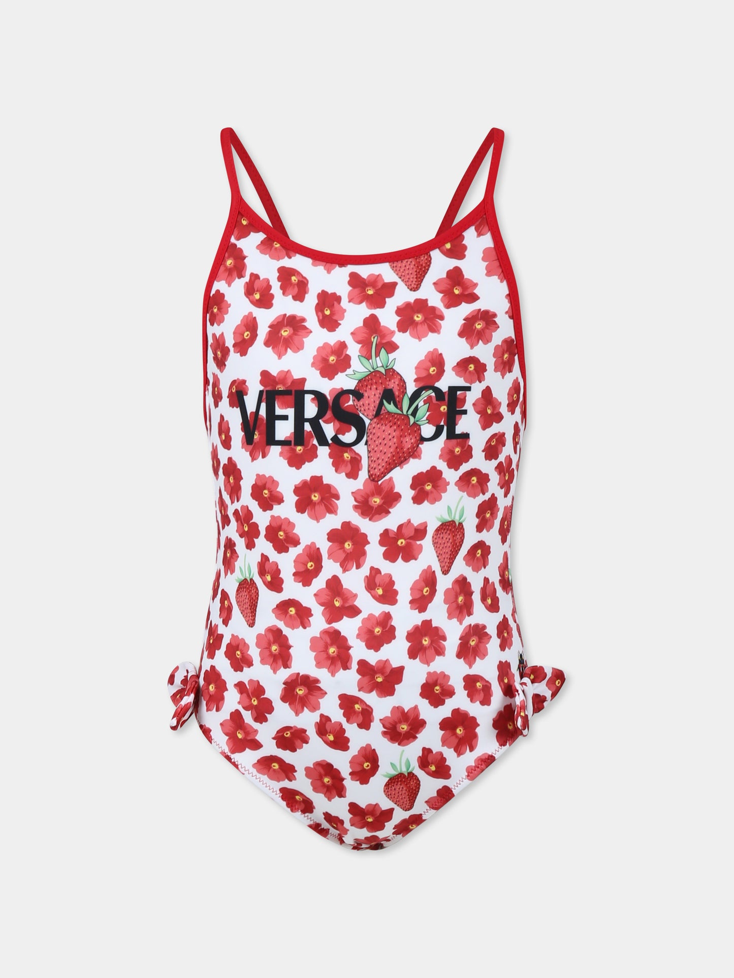 Costume rosso per bambina con logo e fragole,Versace,1018709 1A13286 5W690