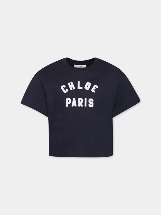 T-shirt crop blu per bambina con logo,Chloé Kids,C20489 859