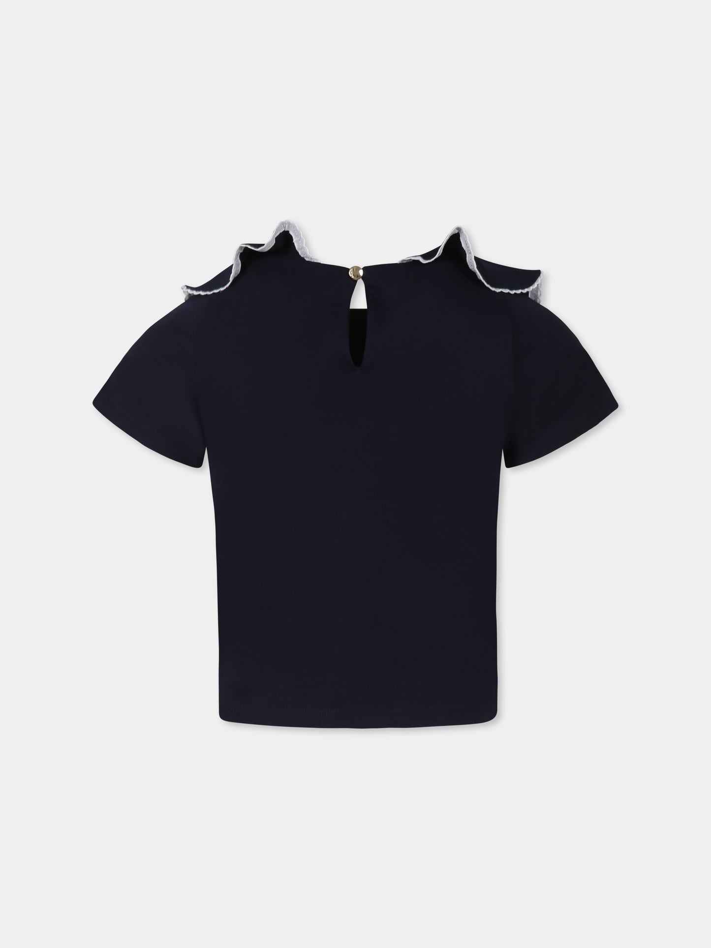 T-shirt blu per bambina con logo bianco ricamato,Chloé Kids,C20491 859