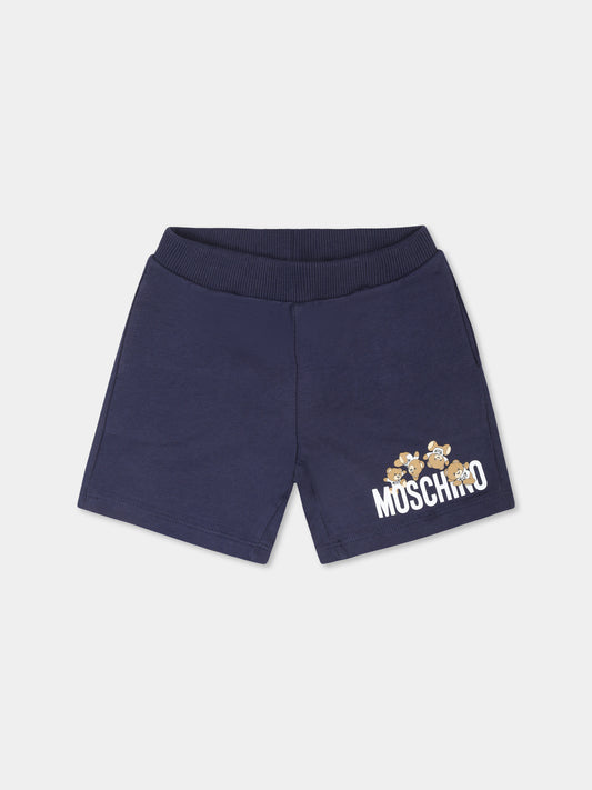 Shorts blu per neonato con Teddy Bears e logo,Moschino Kids,MNQ00N LCA19 40016