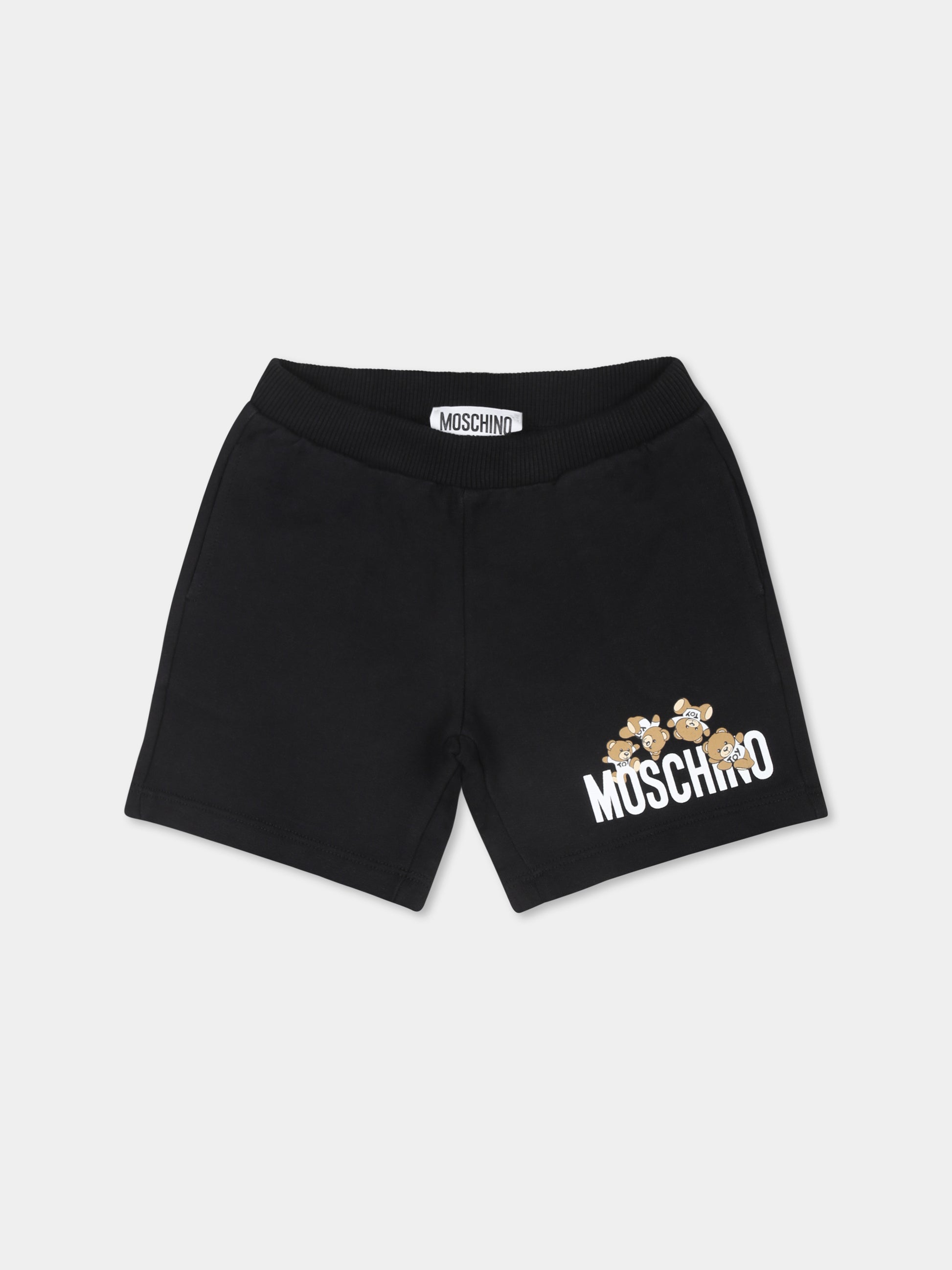 Shorts neri per neonato con Teddy Bears e logo,Moschino Kids,MNQ00N LCA19 60100