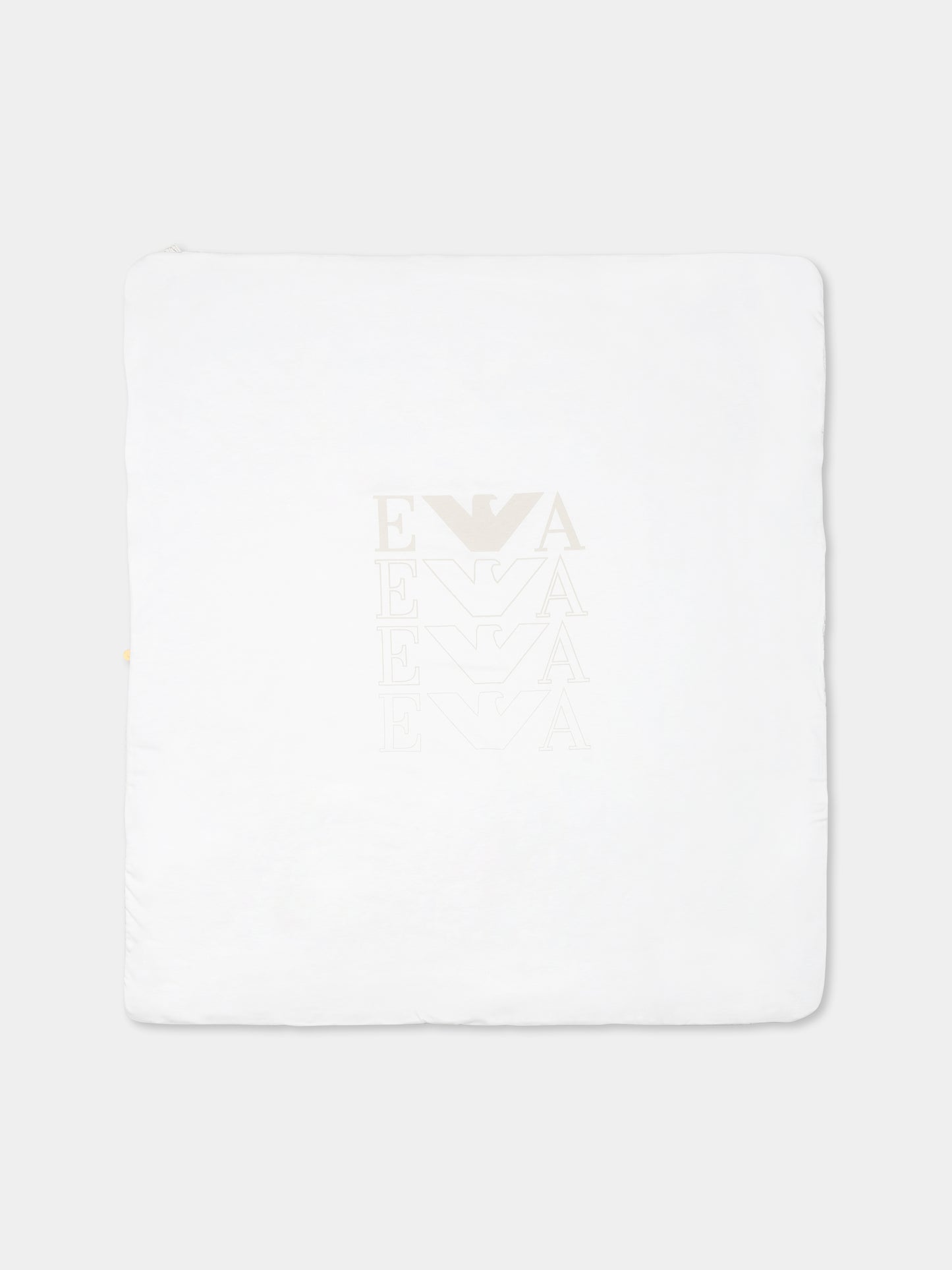 White blanket for baby boy with beige logo