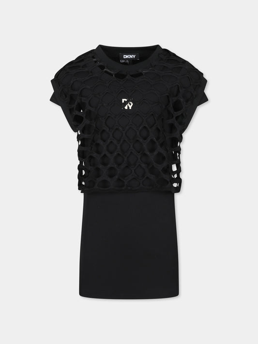 Vestito nero per bambina con logo,Dkny,D62327 09B