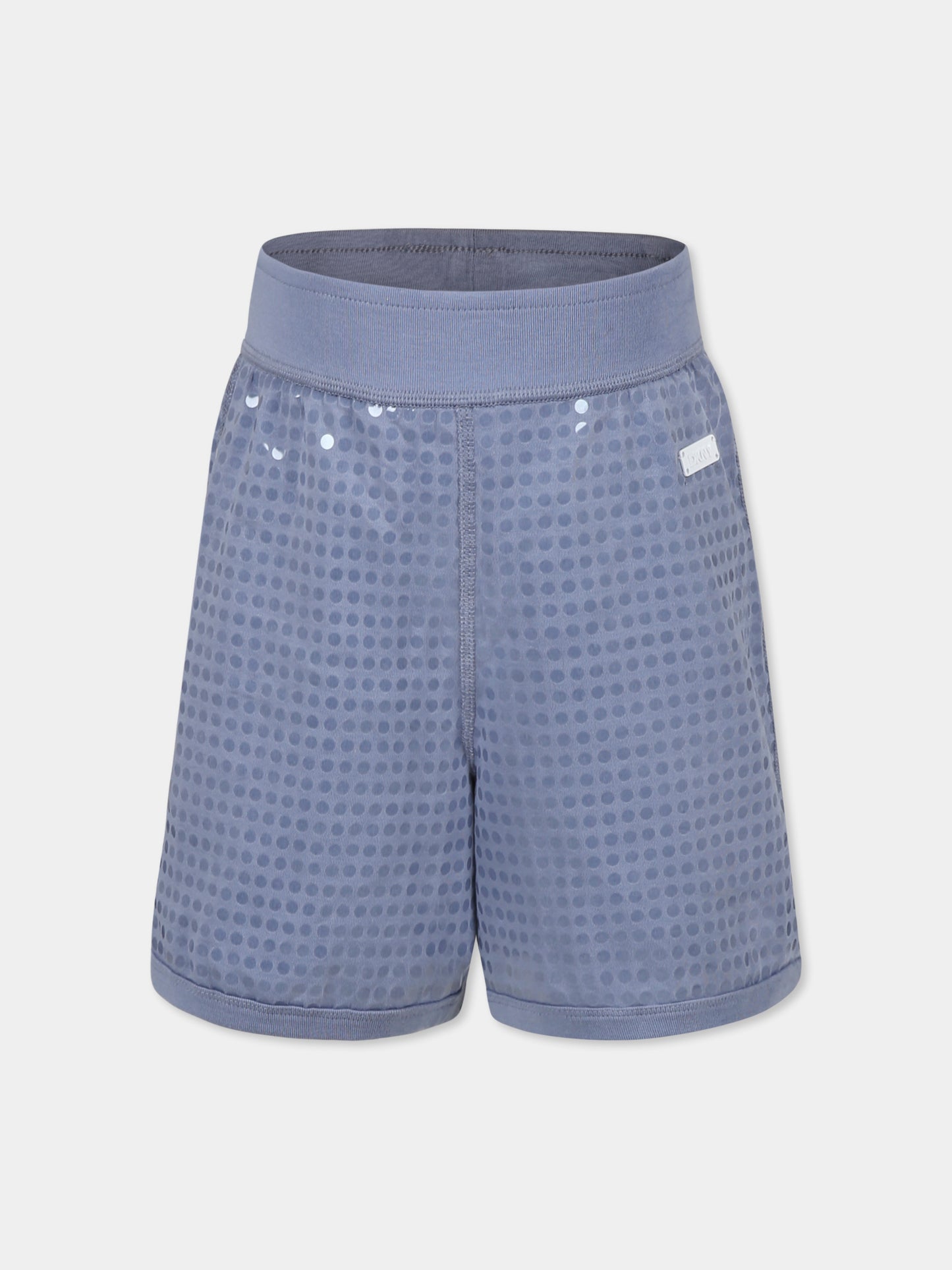 Shorts celesti per bambina con paillettes e logo,Dkny,D62271 896