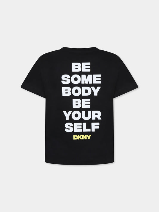 T-shirt nera per bambina con slogan,Dkny,D62300 09B