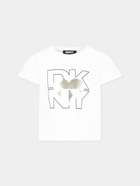 T-shirt bianca per bambina con logo e cuore,Dkny,D62305 560