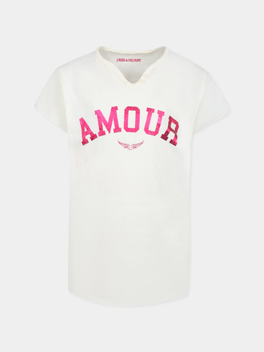 T-shirt avorio per bambina con scritta,Zadig & Voltaire Kids,X60313 195