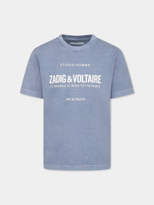 T-shirt celeste per bambino con logo,Zadig & Voltaire Kids,X60372 896