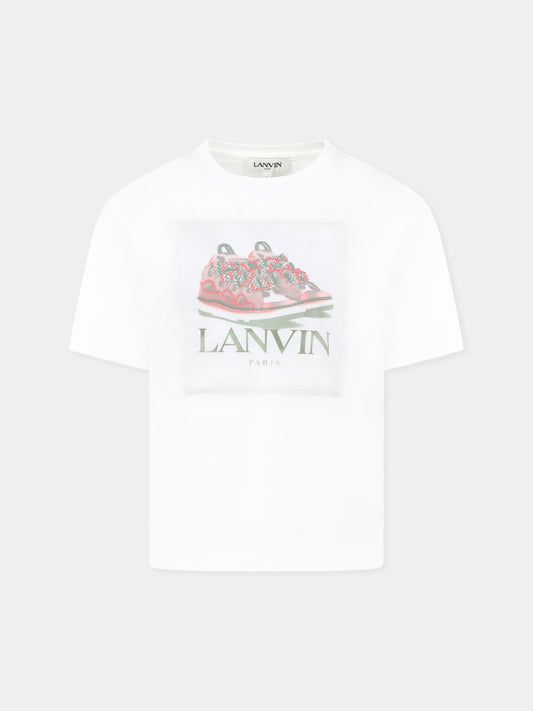 White t-shirt for girl with sneakers print