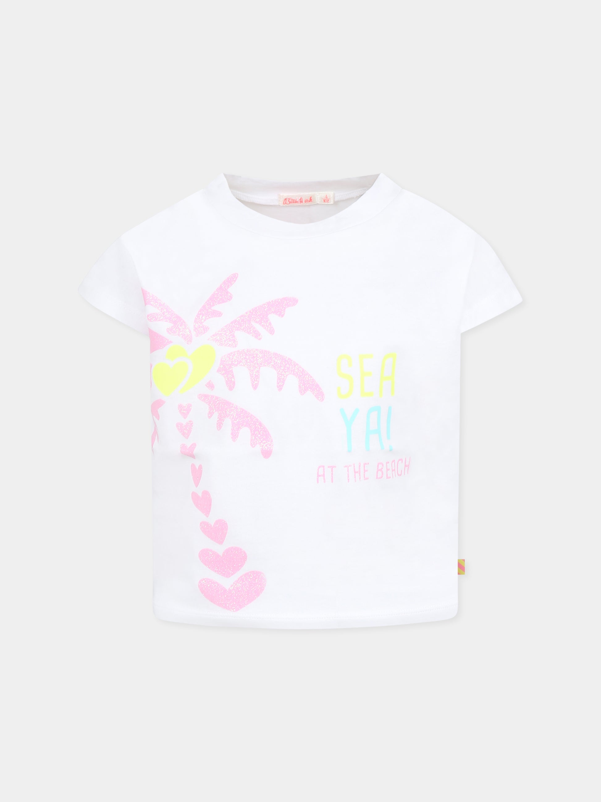 T-shirt bianca per bambina con palma e scritta,Billieblush,U20949 10P