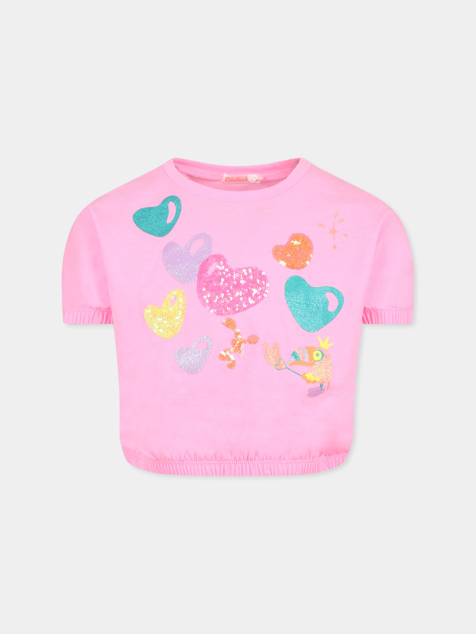 T-shirt crop rosa per bambina con cuori,Billieblush,U20937 462