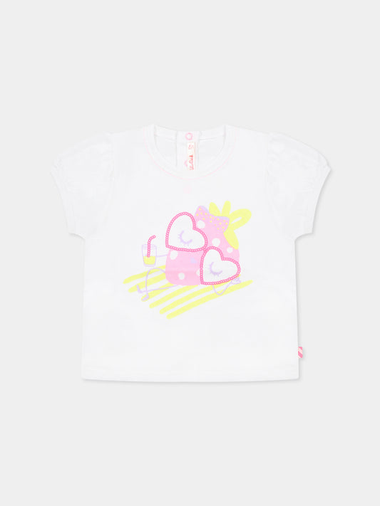 T-shirt bianca per neonata con stampa fragola,Billieblush,U20826 10P