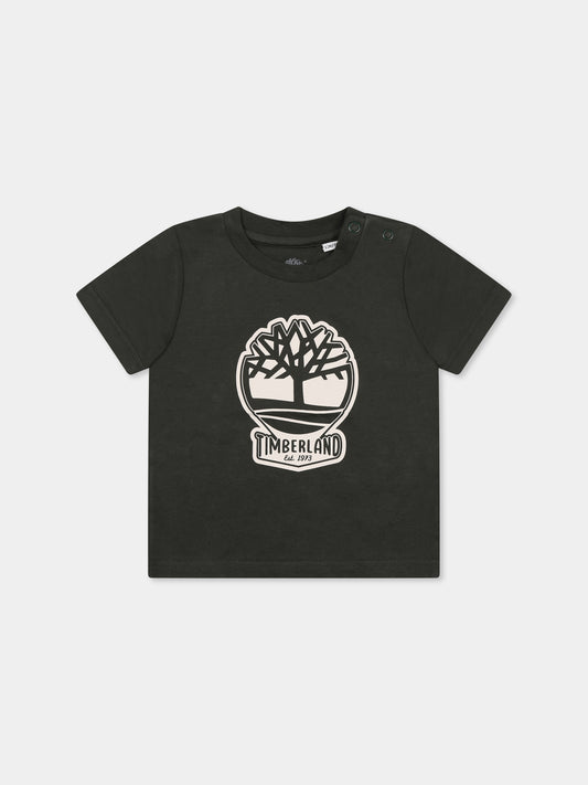 T-shirt verde per neonato con albero e logo,Timberland,T60506 72A