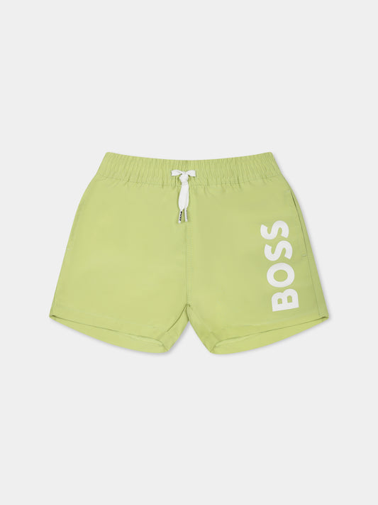 Green swim shorts for baby boy with logo