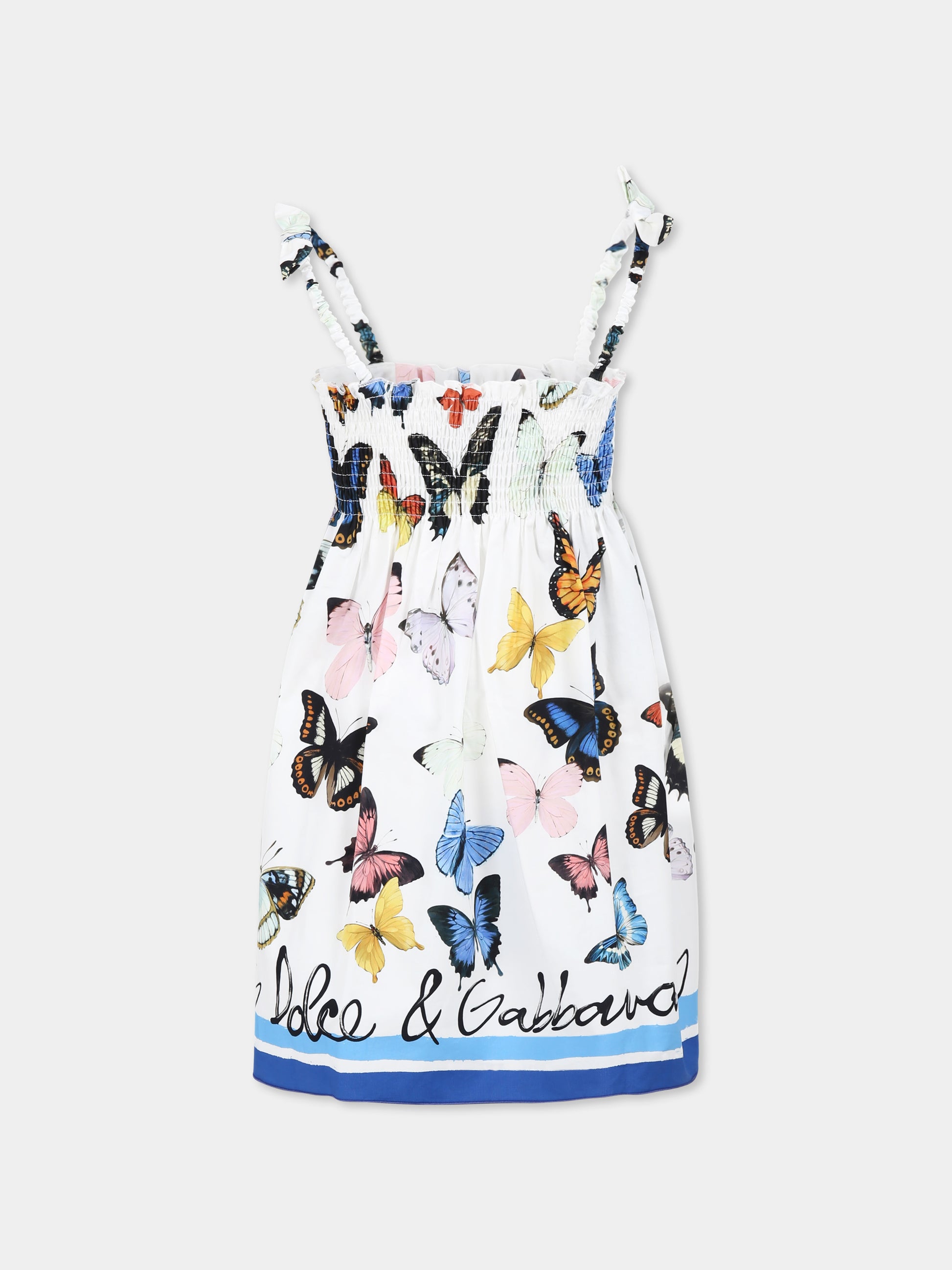 Vestito bianco per bambina con logo e farfalle,Dolce & Gabbana Kids,L54DE0 FI5KS HB5KB
