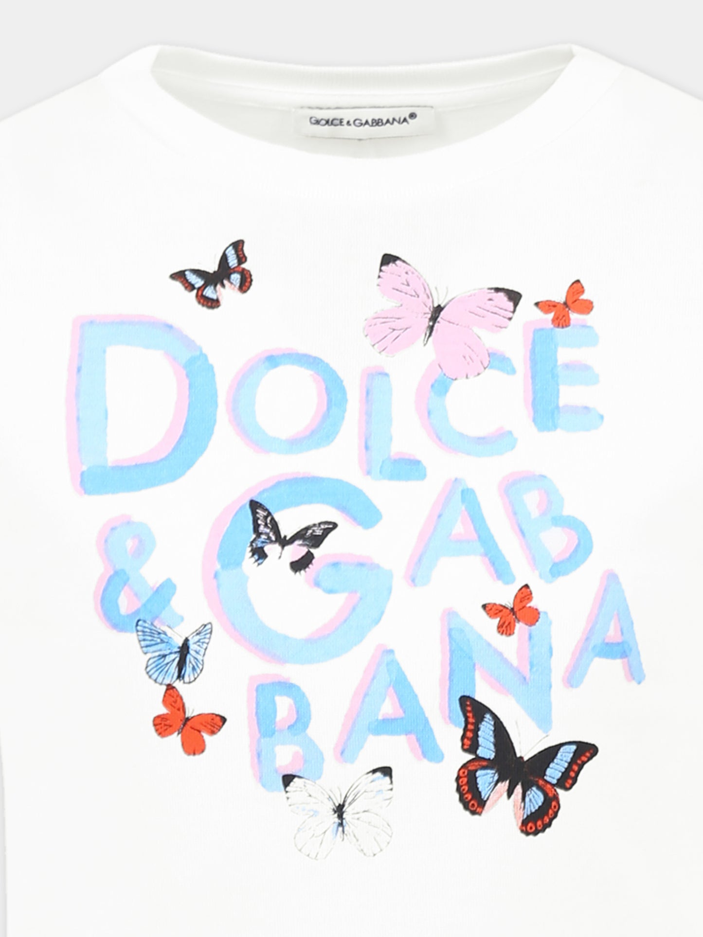 T-shirt bianca per bambina con logo e farfalle,Dolce & Gabbana Kids,L5JTNJ G7N8V W0111
