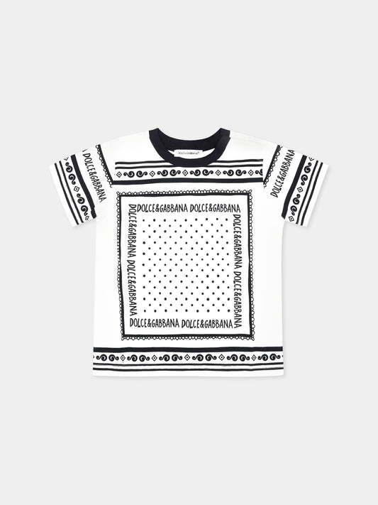 T-shirt bianca per neonato con stampa bandana e logo,Dolce & Gabbana Kids,L1JT7W II7FZ HA9QB