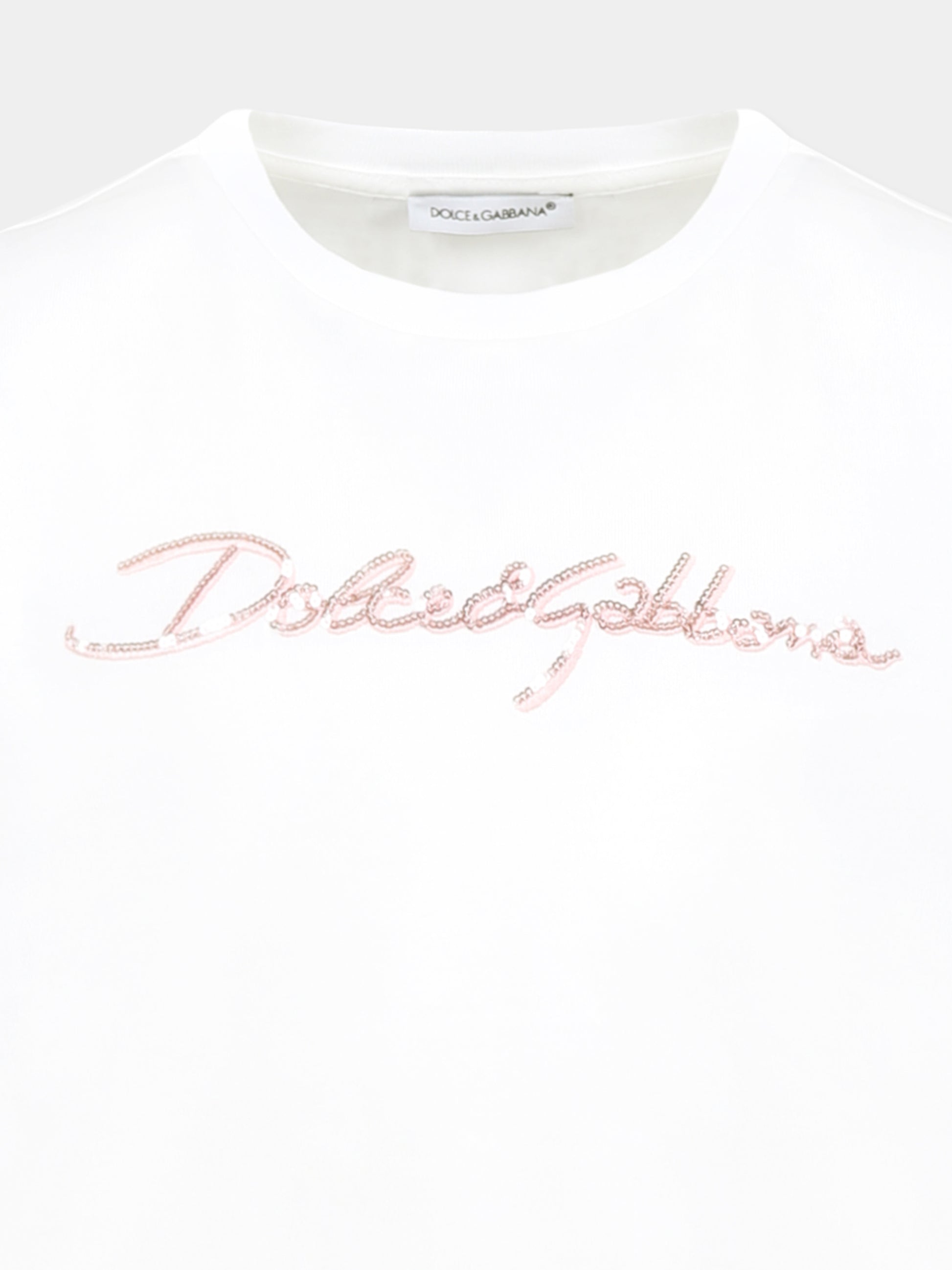 T-shirt bianca per bambina con logo e paillettes,Dolce & Gabbana Kids,L5JTNK G7O0Y W0111