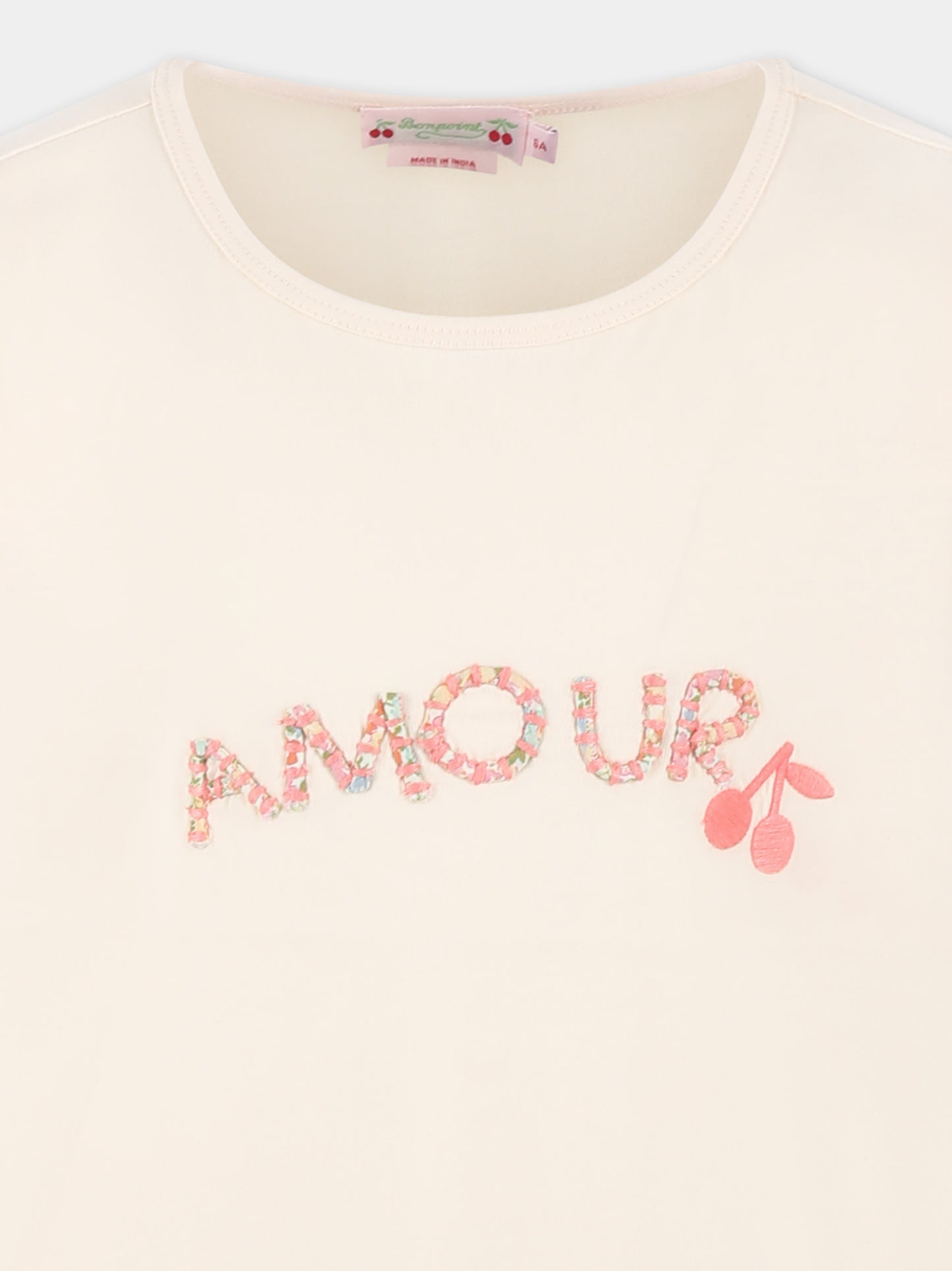 T-shirt rosa per bambina con scritta e ciliegie,Bonpoint,S05GTSK00009 125A