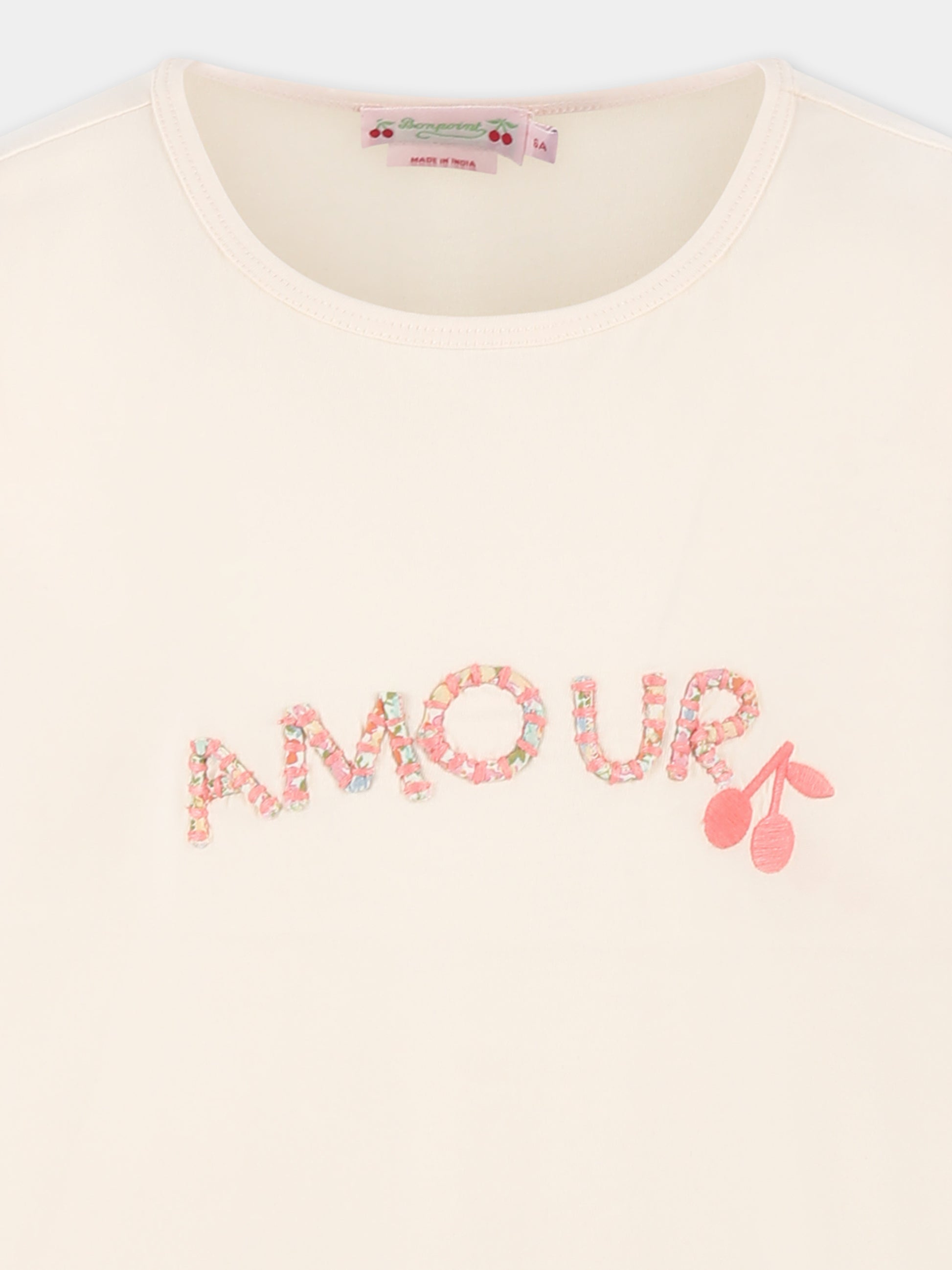 T-shirt rosa per bambina con scritta e ciliegie,Bonpoint,S05GTSK00009 125A