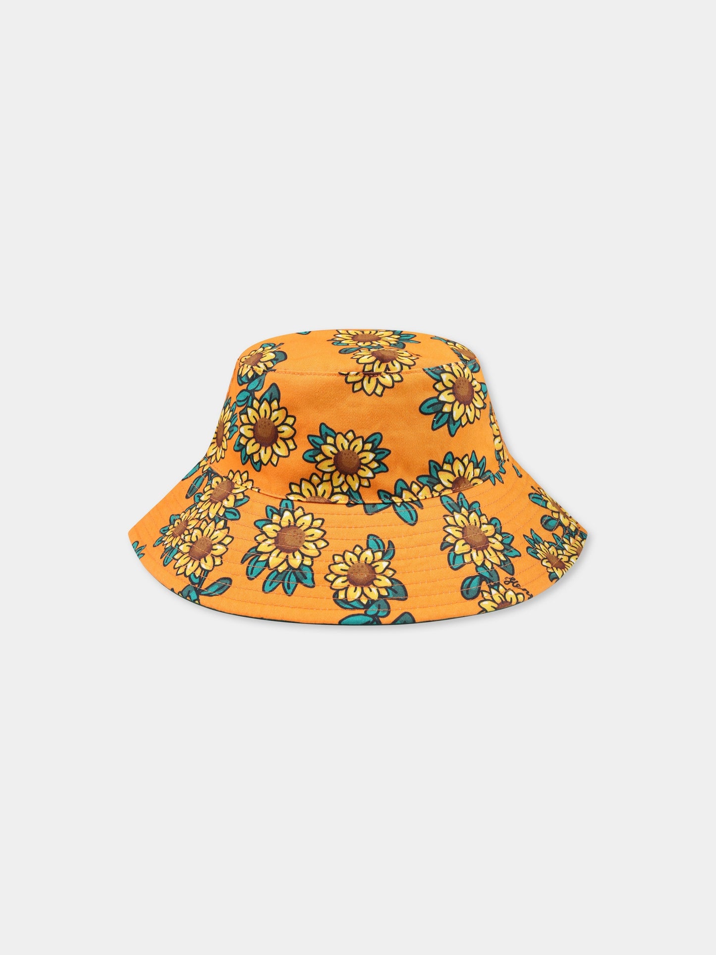 Orange reversible cloche for kids with sunflowers