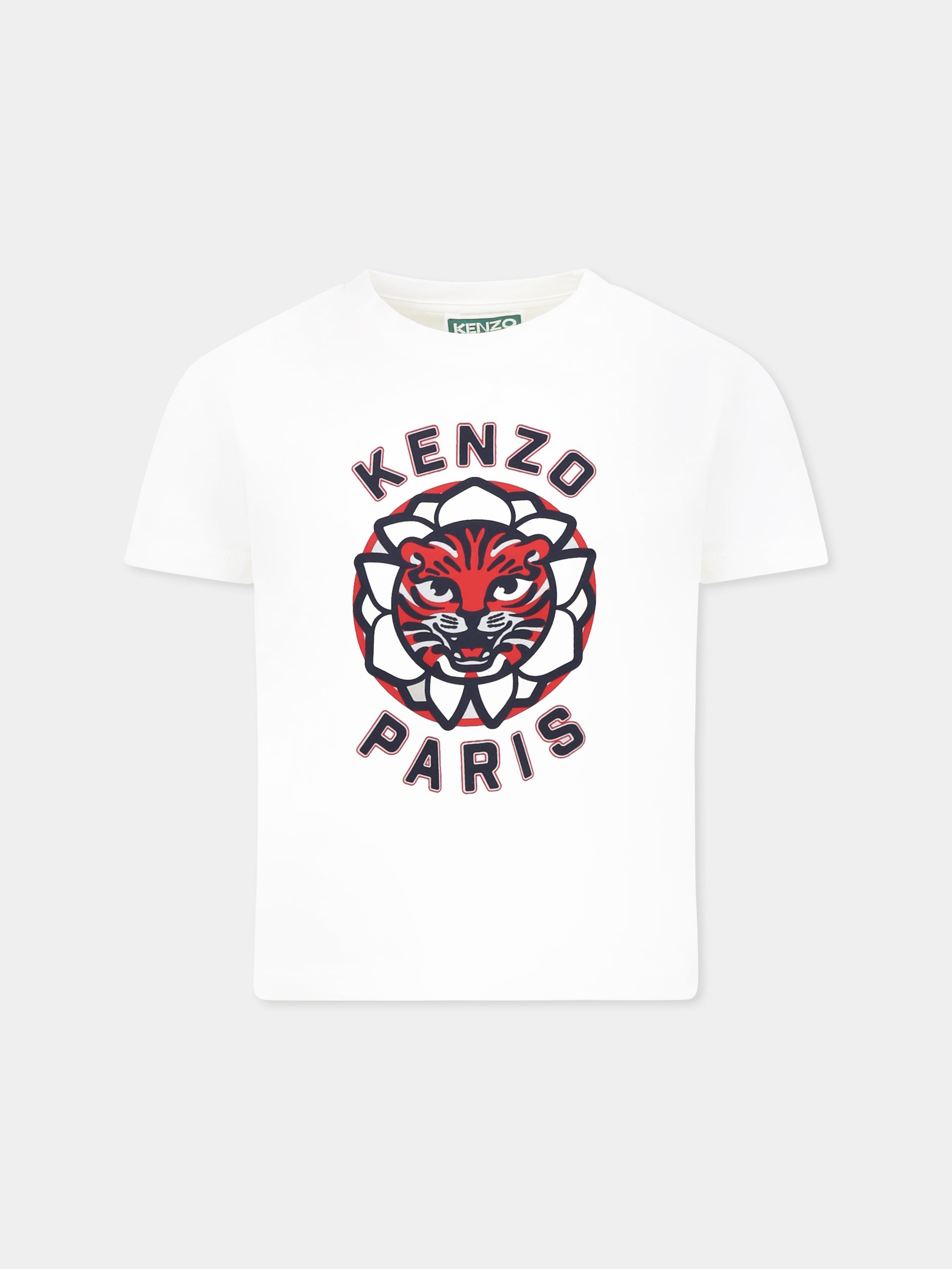 T-shirt bianca per bambino con logo e tigre,Kenzo Kids,K61164 117