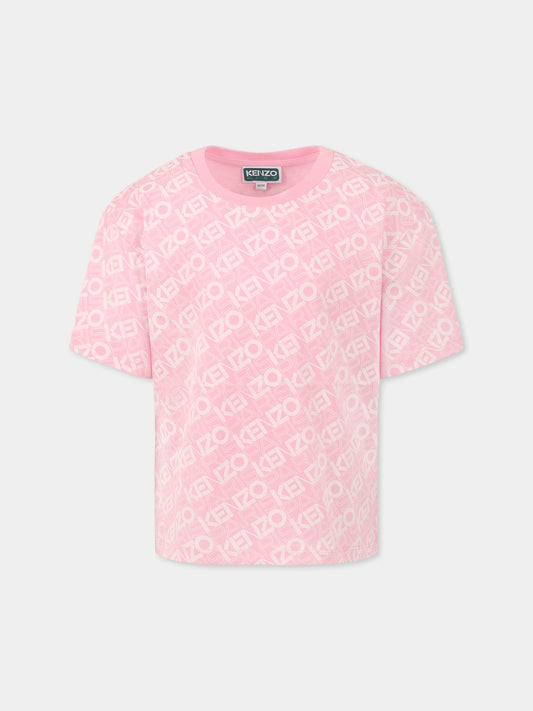 T-shirt crop rosa per bambina con logo all over,Kenzo Kids,K61062 465