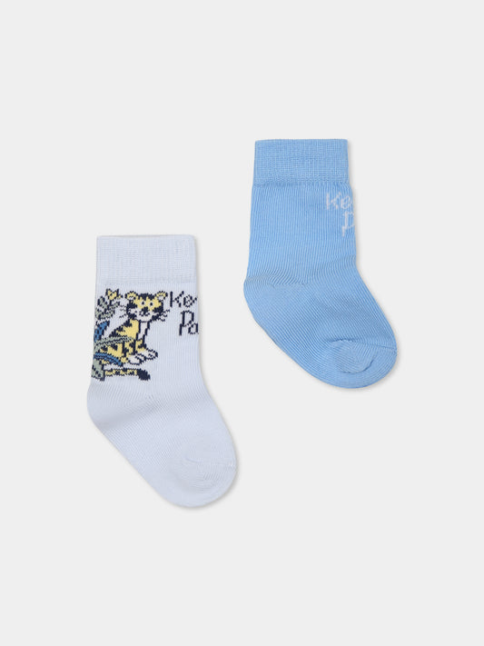 Set calzini celeste per neonato con logo e tigre,Kenzo Kids,K60874 771