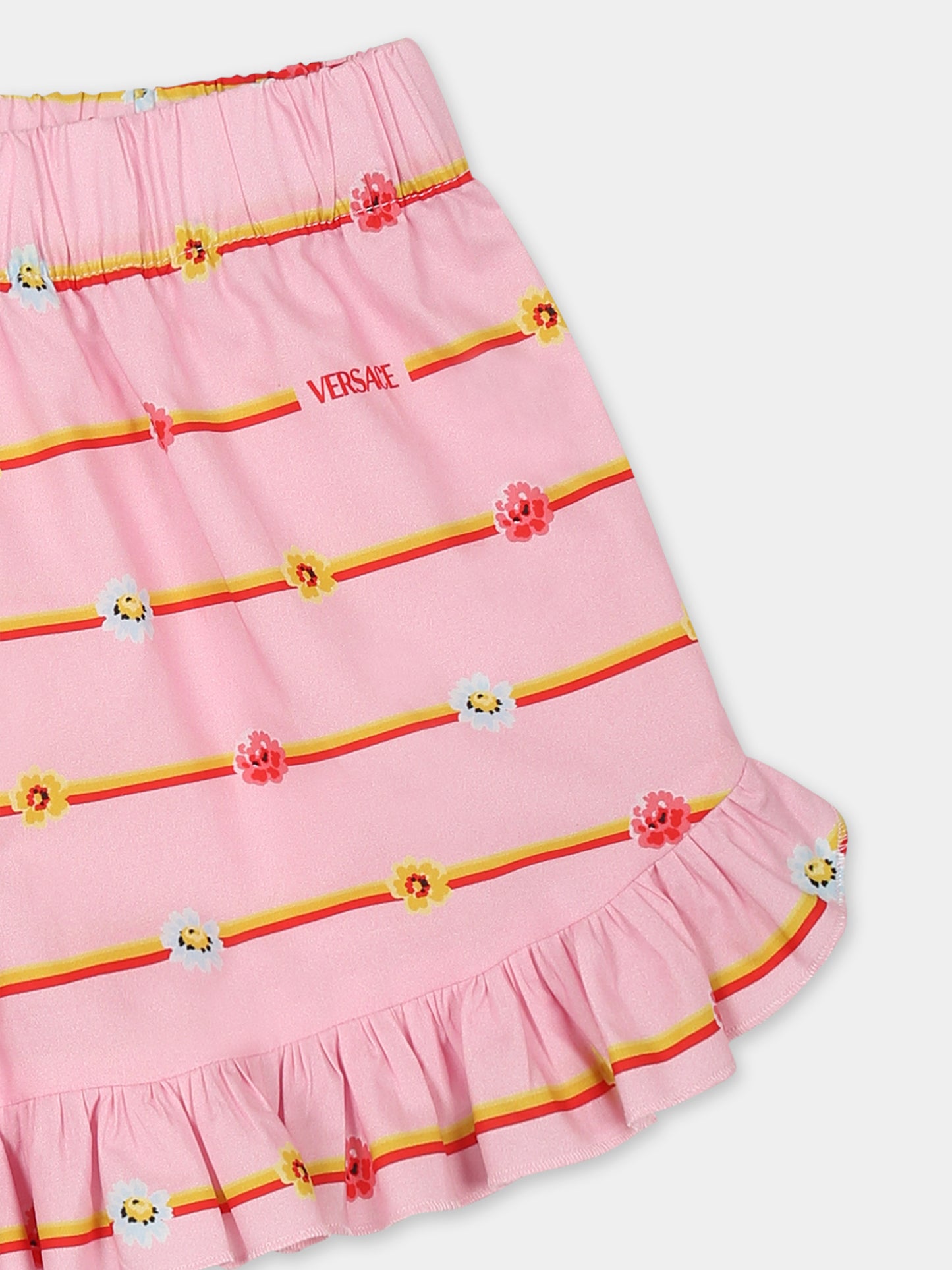 Shorts rosa per bambina con logo e fiori,Versace,1018692 1A13149 5PC00