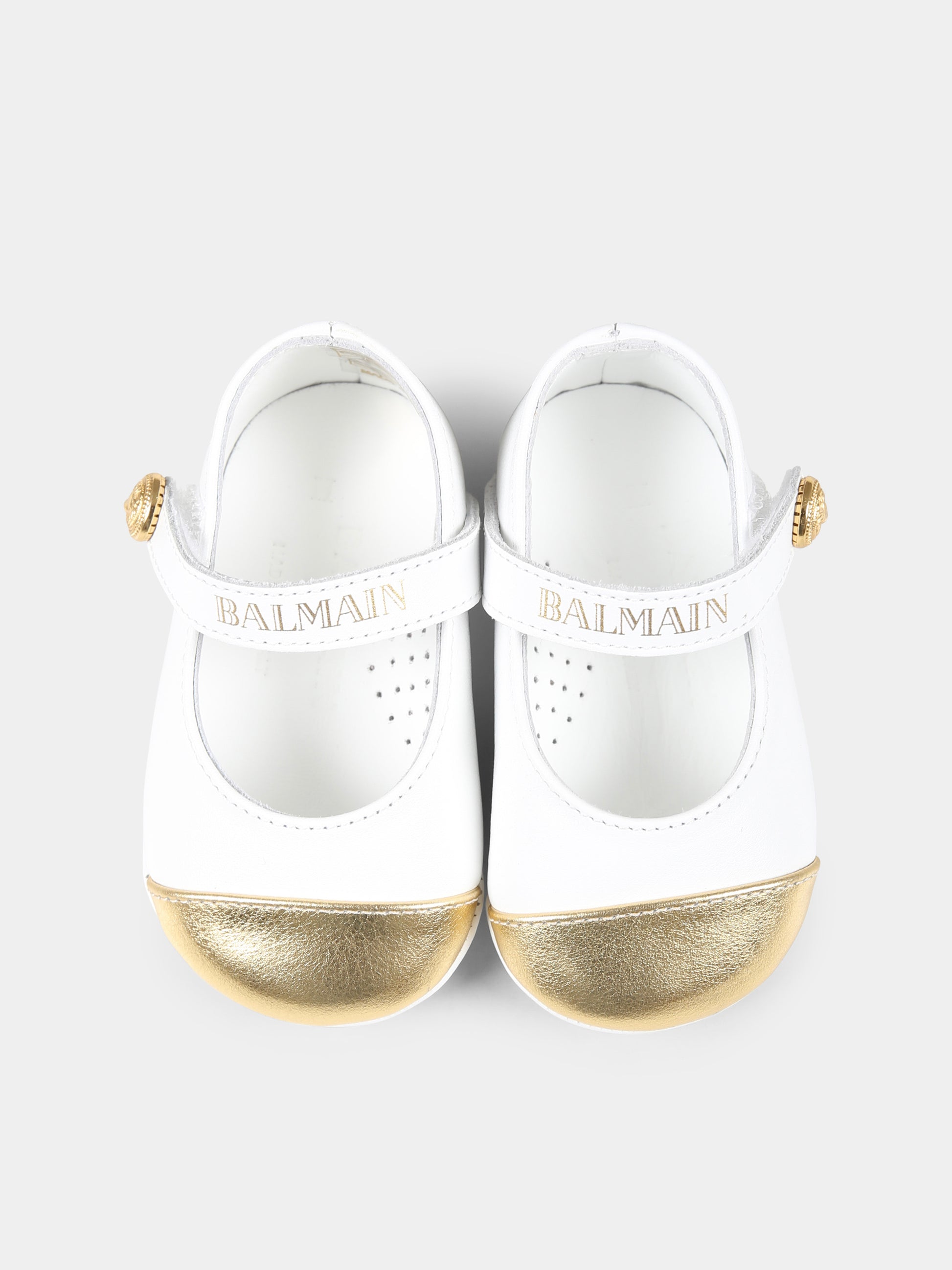 Ballerine bianche per neonata con logo dorato,Balmain Kids,BW0026 Y0051 100OR