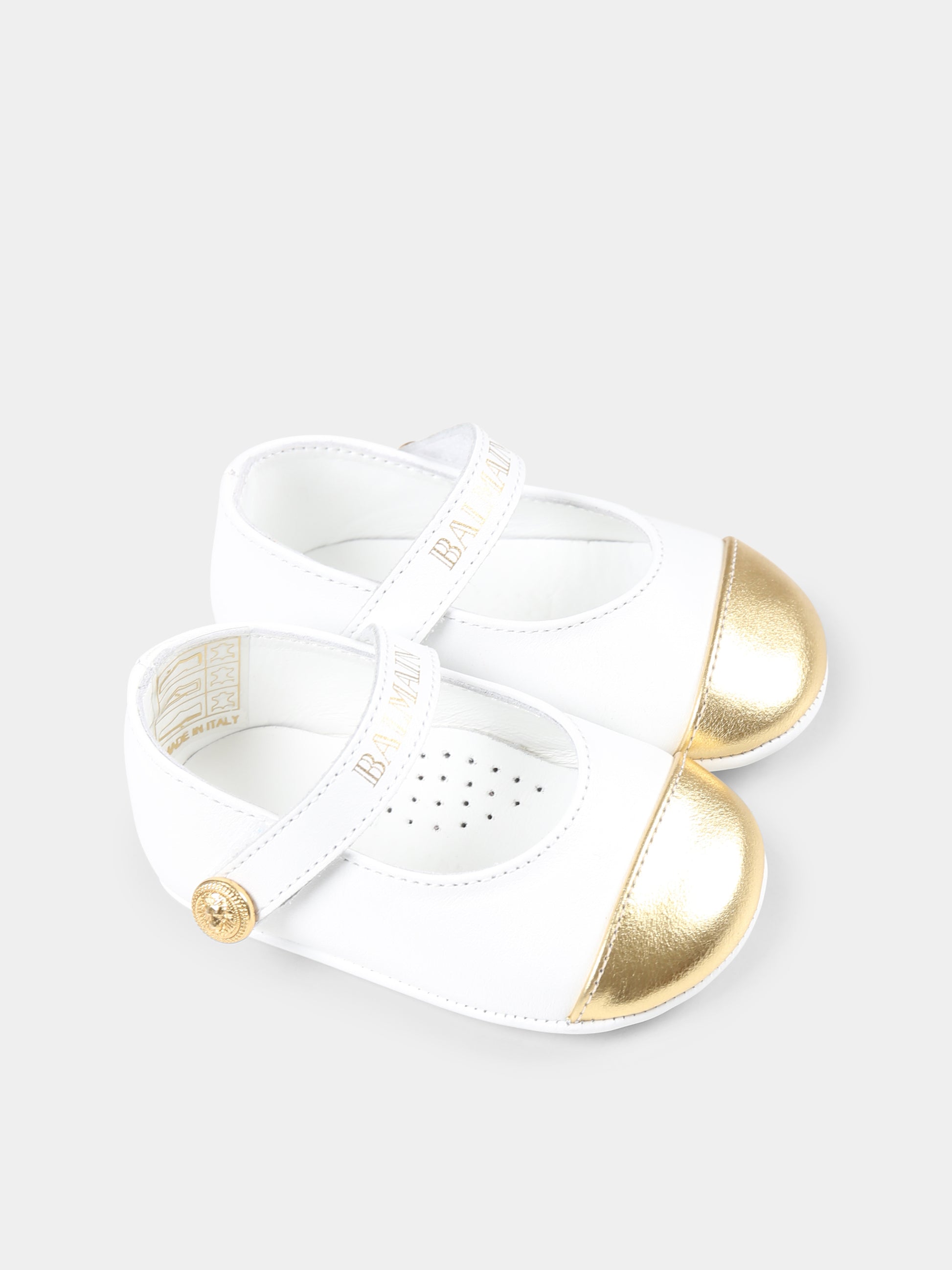 Ballerine bianche per neonata con logo dorato,Balmain Kids,BW0026 Y0051 100OR