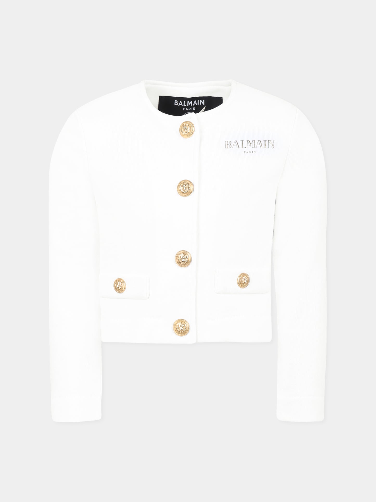 Giacca crop bianca per bambina con logo,Balmain Kids,BW2A84 Z0081 100OR