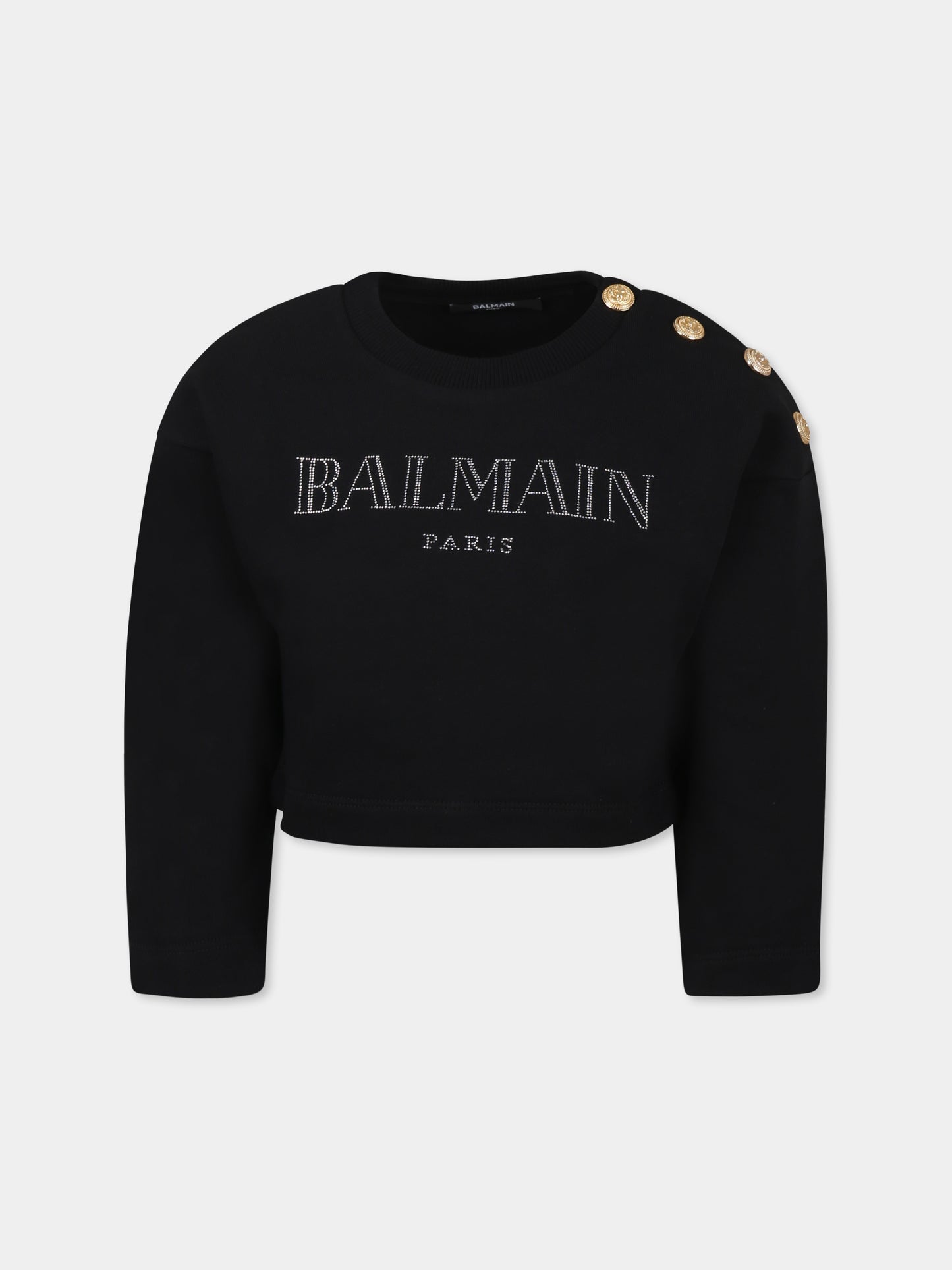 Felpa nera cropped per bambina con logo in strass,Balmain Kids,BW4B00 Z0081 930