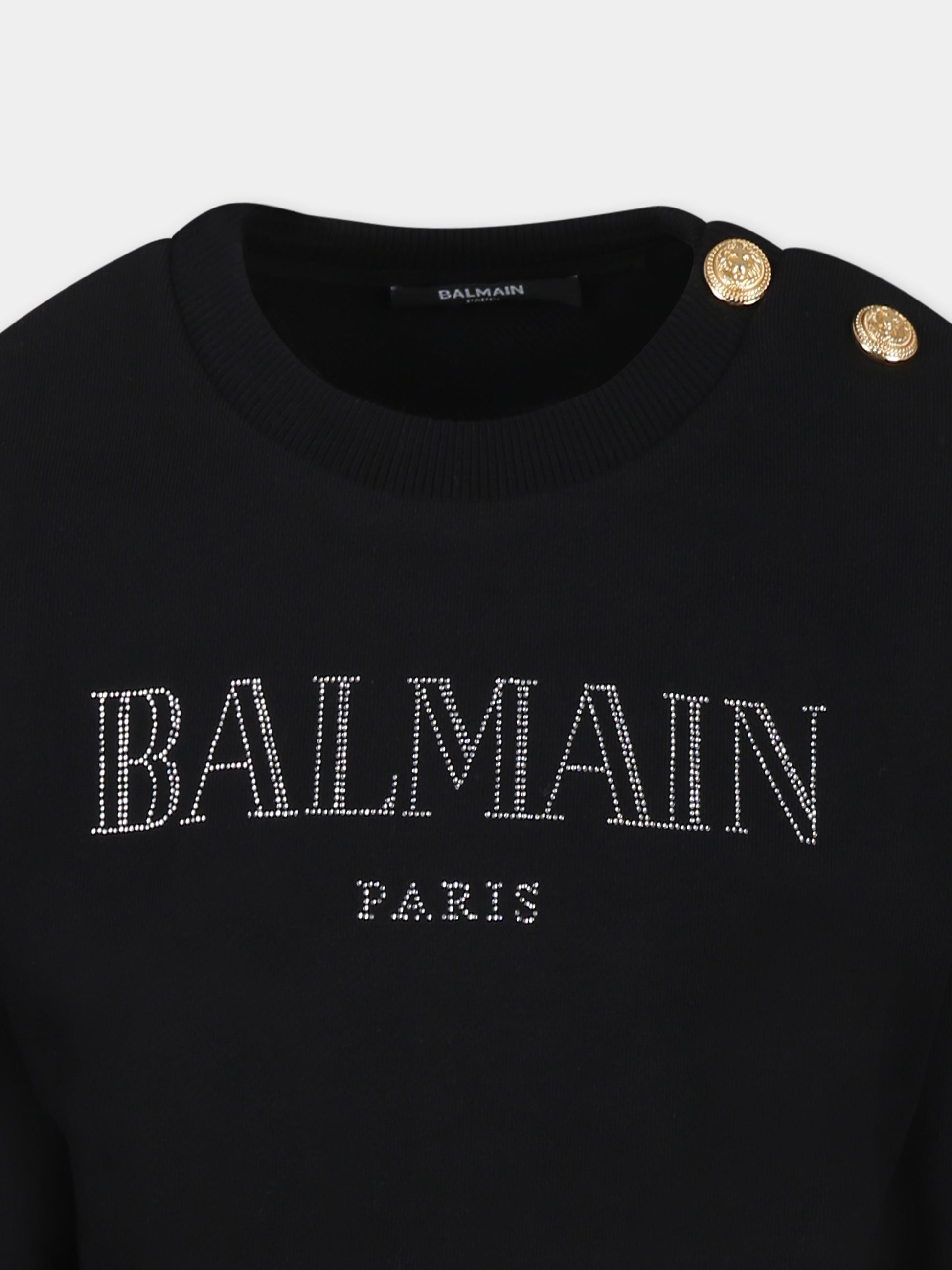 Felpa nera cropped per bambina con logo in strass,Balmain Kids,BW4B00 Z0081 930