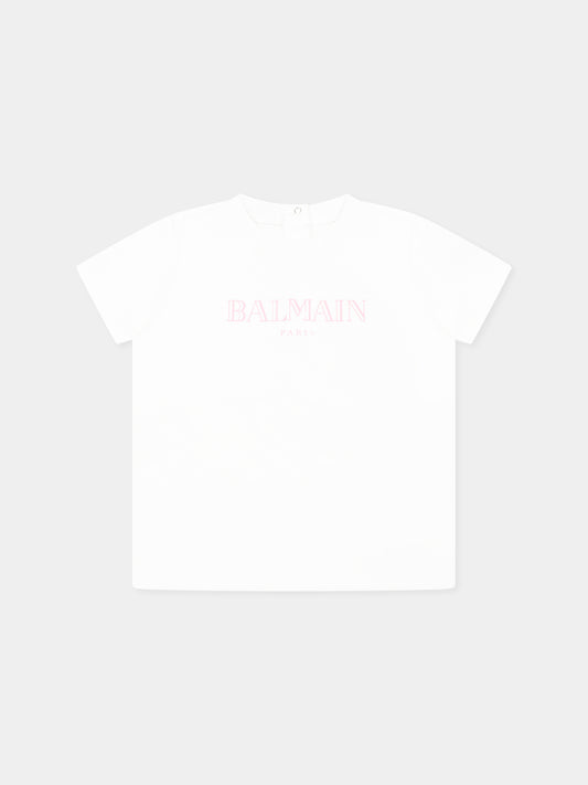 T-shirt bianca per neonata con logo,Balmain Kids,BW8001 Z0116 100RS