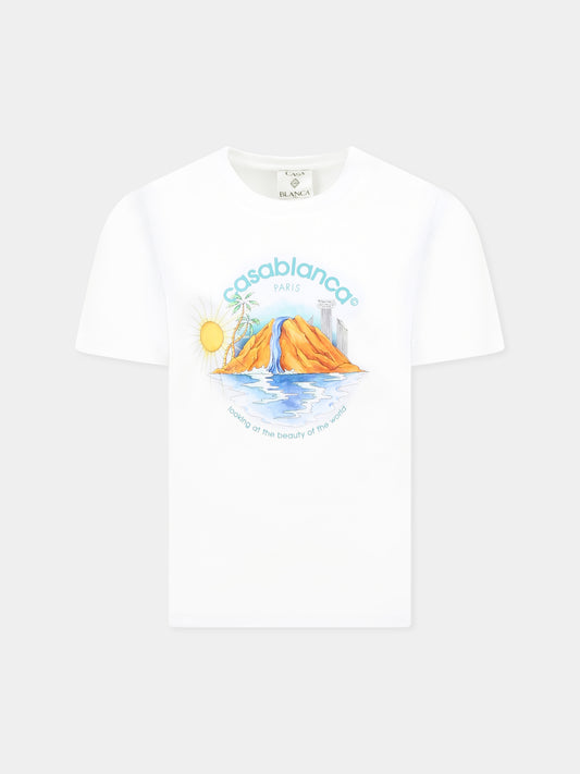 T-shirt bianca per bambini con stampa oasi e logo,Casablanca,U KS25 JTS 038 01 EX