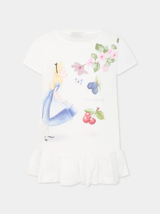 Maxi white t-shirt for girl with Alice in Wonderland