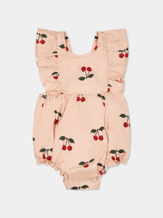 Pink romper for baby girl with cherries