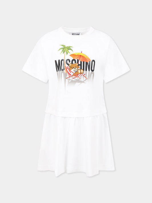 Vestito bianco per bambina con Teddy Bear e stampa spiaggia,Moschino Kids,HDV0G7 LAA42 10101