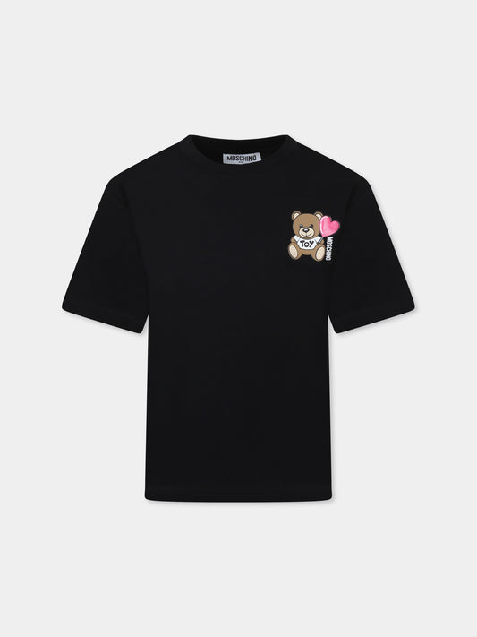 T-shirt nera per bambina con Teddy Bear e cuore,Moschino Kids,HHM060 LAA02 60100