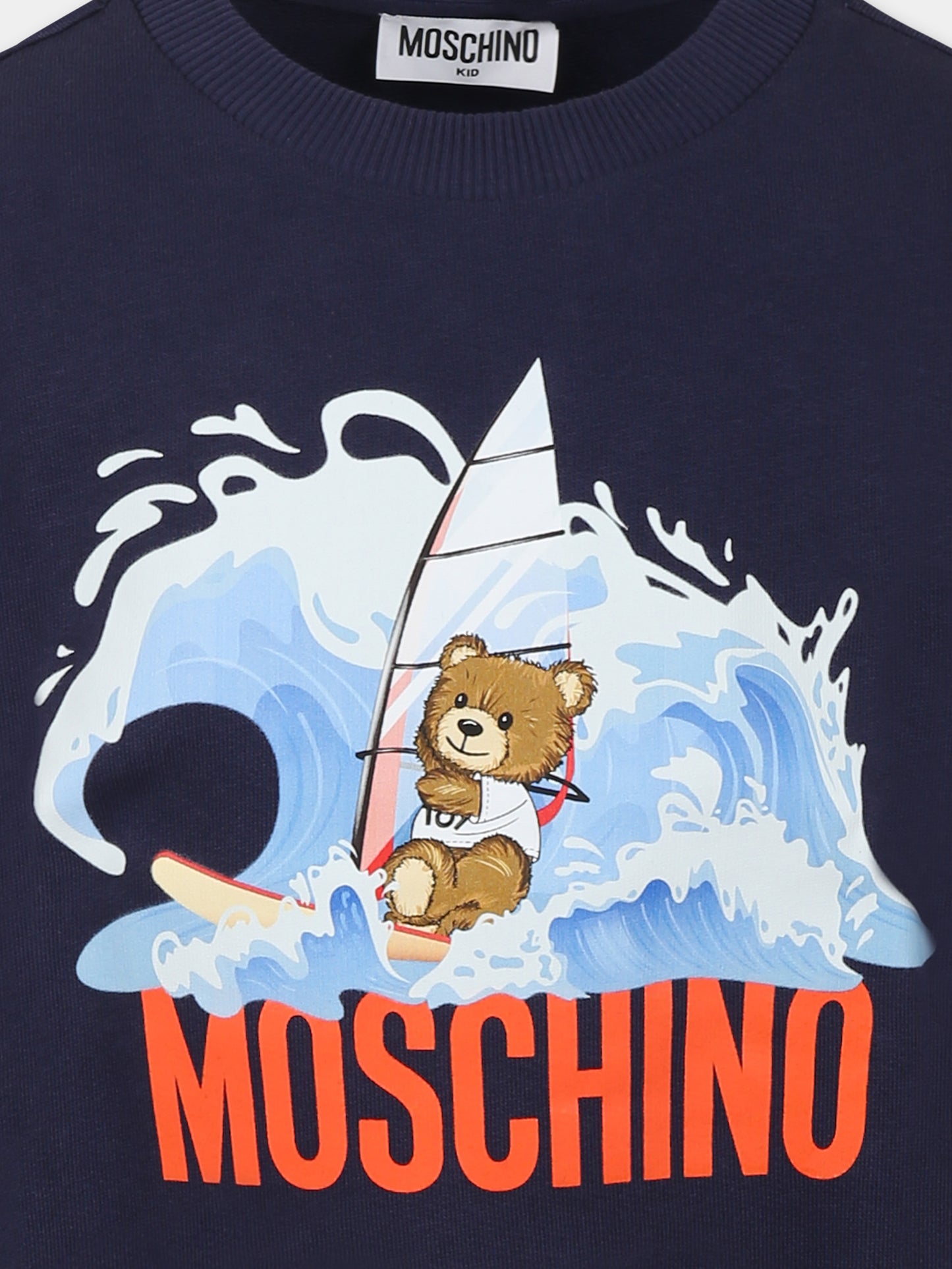 Felpa blu per bambino con Teddy Bear e tavola da windsurf,Moschino Kids,HNF07Y LCA74 40016