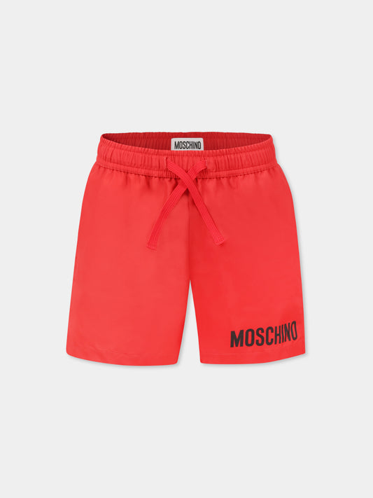 Red swim shorts for boy with logo