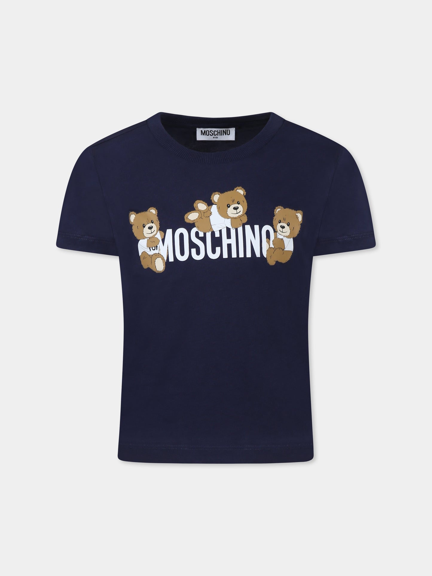 T-shirt blu per bambino con tre Teddy Bears,Moschino Kids,HUM059 LAA23 40016