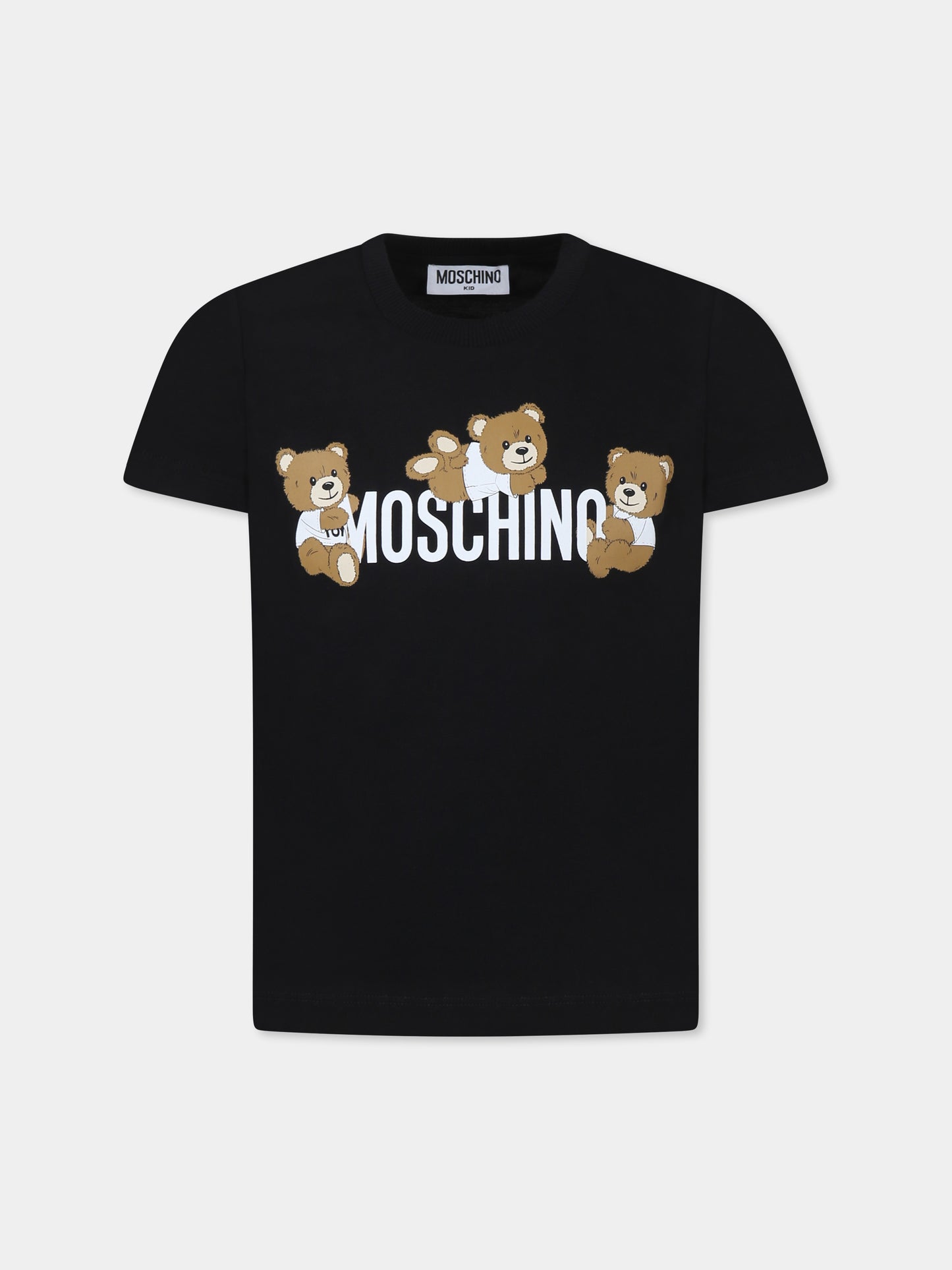T-shirt nera per bambini con tre Teddy Bears,Moschino Kids,HUM059 LAA23 60100