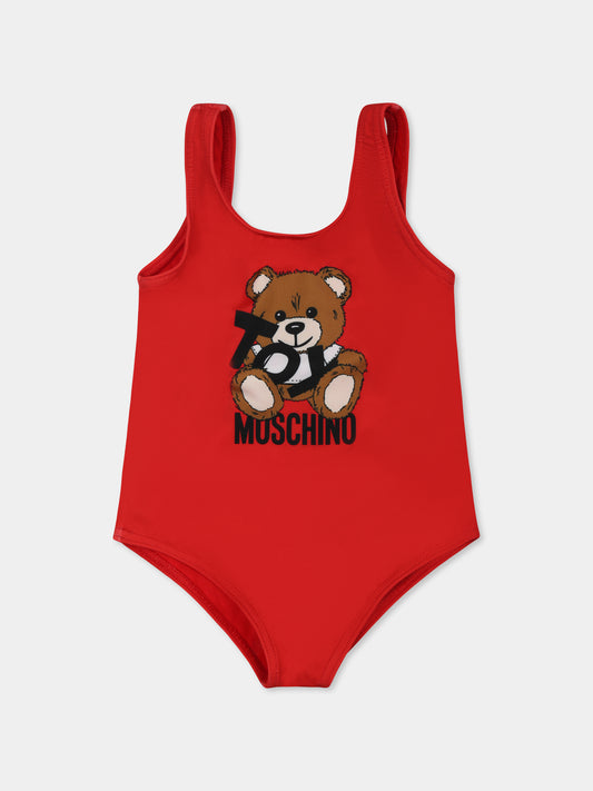 Red swimsuit for baby girl with Teddy Bear and black logo