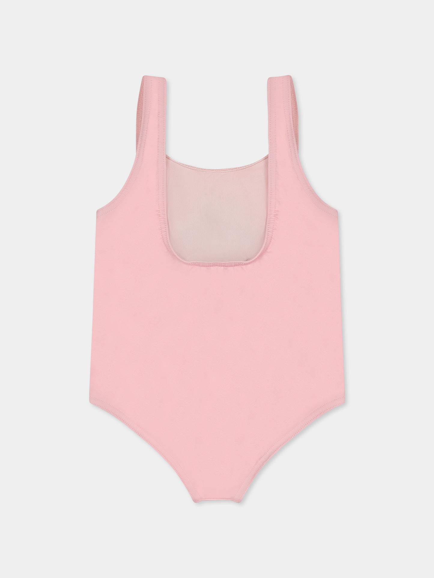 Pink swimsuit for baby girl with Teddy Bear and black logo