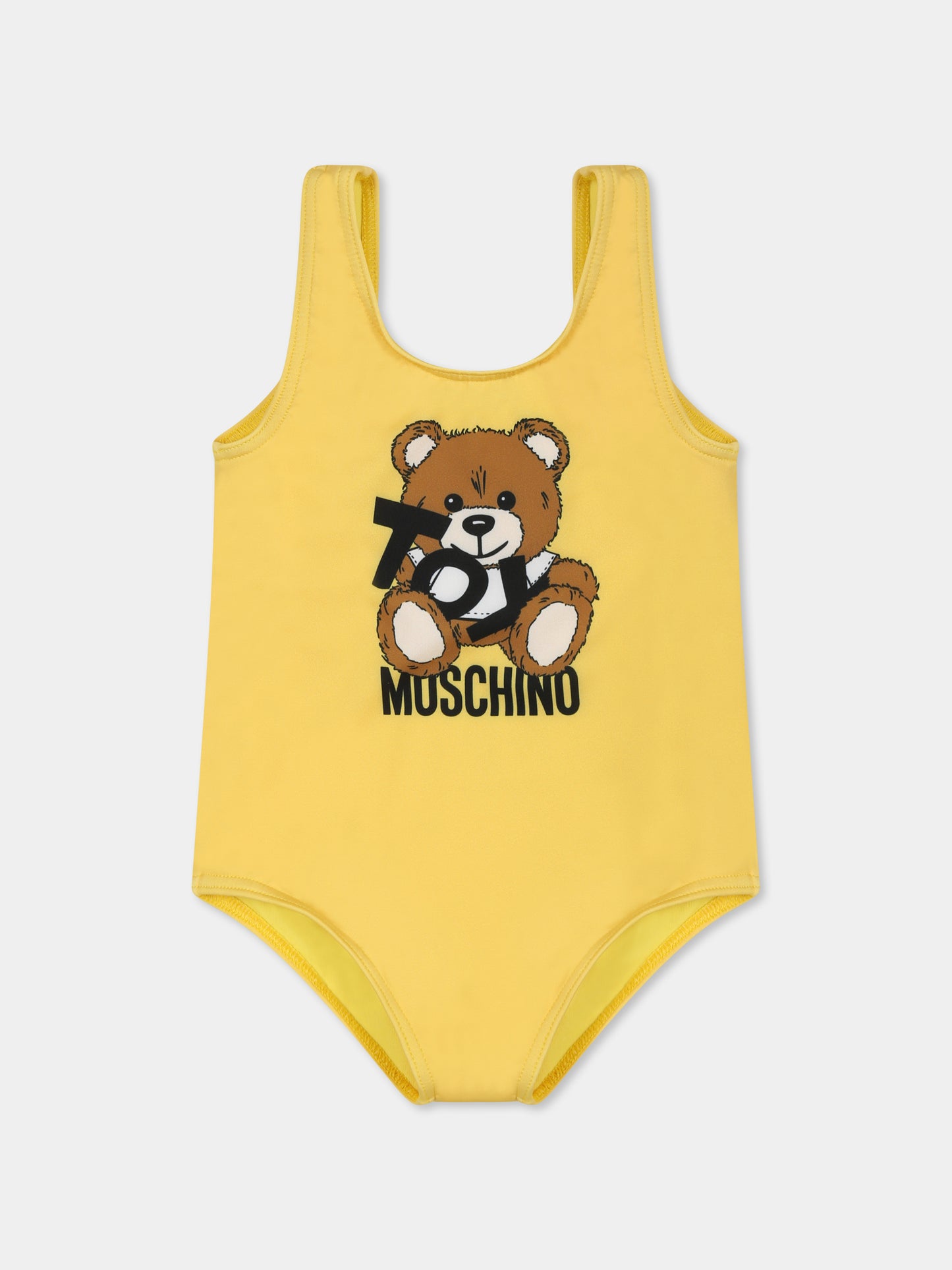 Yellow swimsuit for baby girl with Teddy Bear and black logo