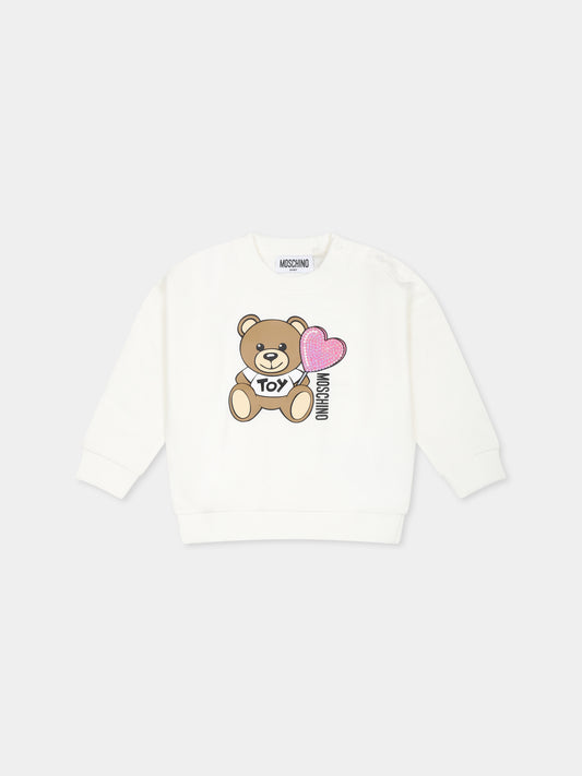 Felpa avorio per neonata con Teddy Bear e cuore,Moschino Kids,MDF02X LDA00 10063