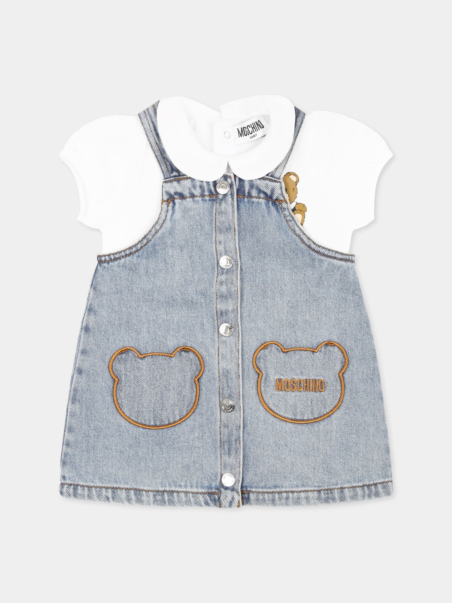 Salopette denim per neonata con Teddy Bear e logo,Moschino Kids,MDG019 L0E08 40186